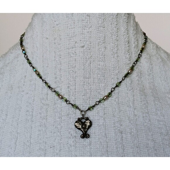 Artisan Sterling Silver Heart Pendant Green AB Glass & Pearl Necklace 16-18 in - Picture 3 of 15